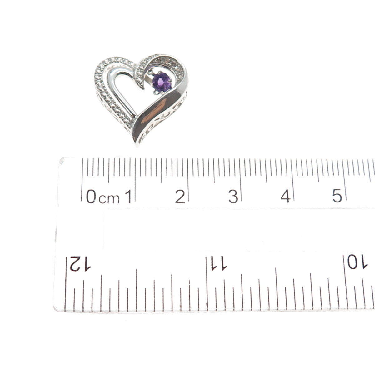 925 Sterling Silver Real Amethyst & White Topaz Heart Mini Slide Charm Pendant