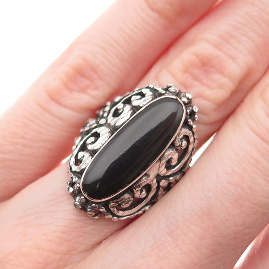 925 Sterling Silver Vintage Real Black Onyx Ornate Oxidized Ring Size 5.75