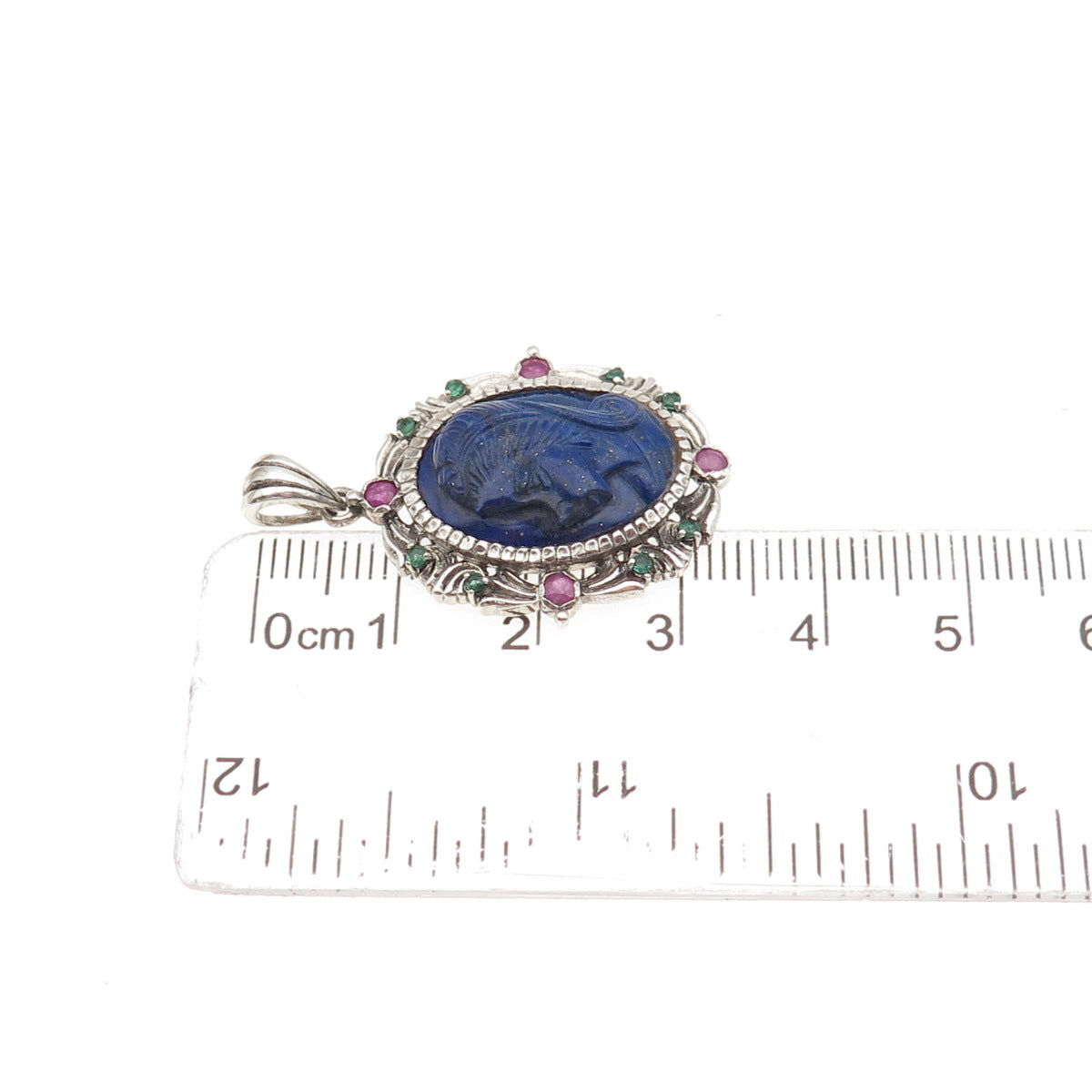 925 Sterling Silver Vintage Real Lapis Ruby & Emerald Lady Cameo Charm Pendant