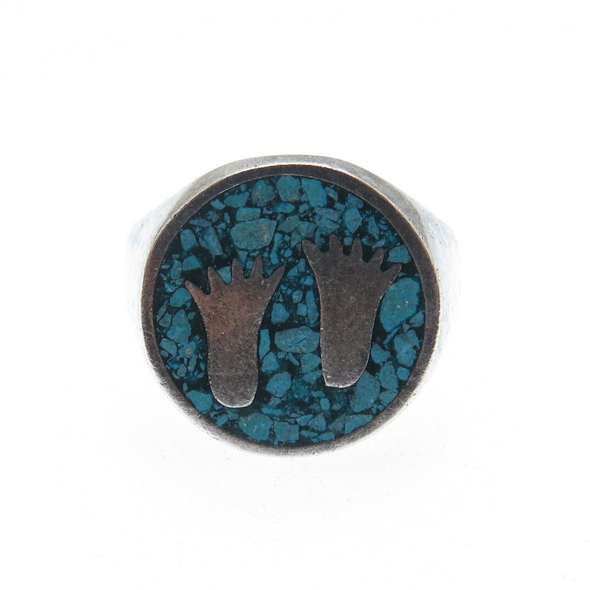 925 Sterling Silver Vintage Real Turquoise Inlay Footprint Ring Size 9.75