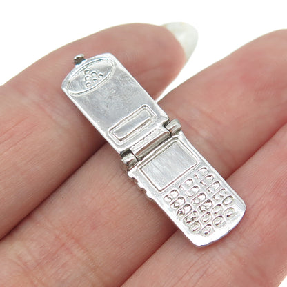 925 Sterling Silver Vintage Clamshell Phone Movable Pendant