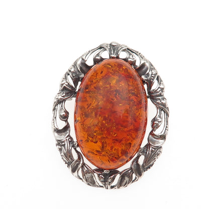 925 Sterling Silver Vintage Sweden Real Amber Floral Oxidized Pin Brooch Pendant