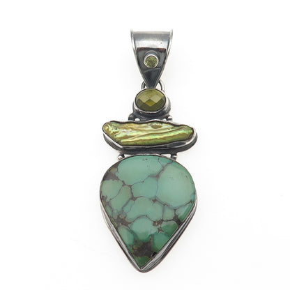 925 Sterling Silver Vintage Real Turquoise Pearl Tourmaline & Peridot Pendant