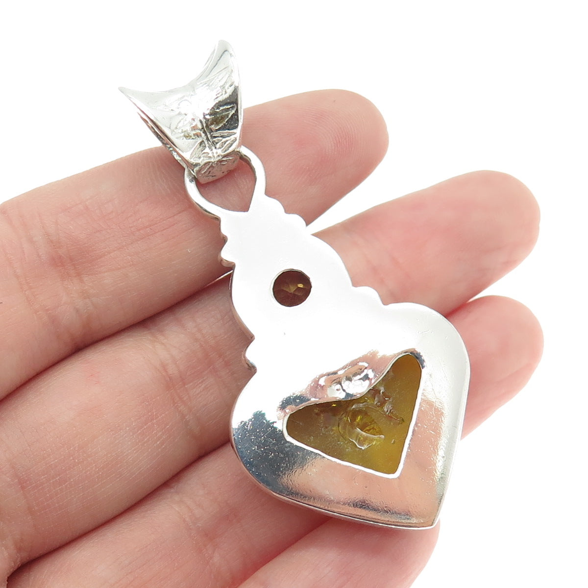 925 Sterling Silver Vintage Real Citrine Gemstone & Carved Glass Heart Pendant