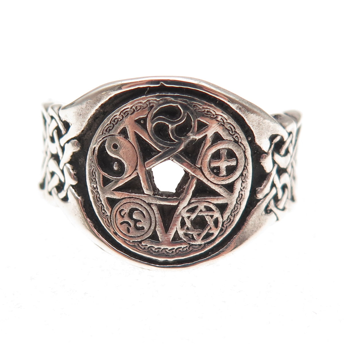 925 Sterling Silver Vintage Multi-Faith Pentagram Oxidized Ring Size 10