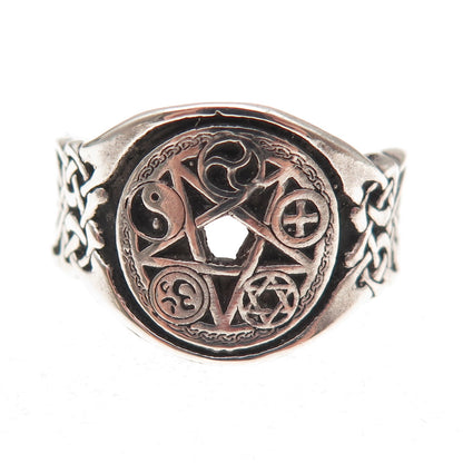 925 Sterling Silver Vintage Multi-Faith Pentagram Oxidized Ring Size 10