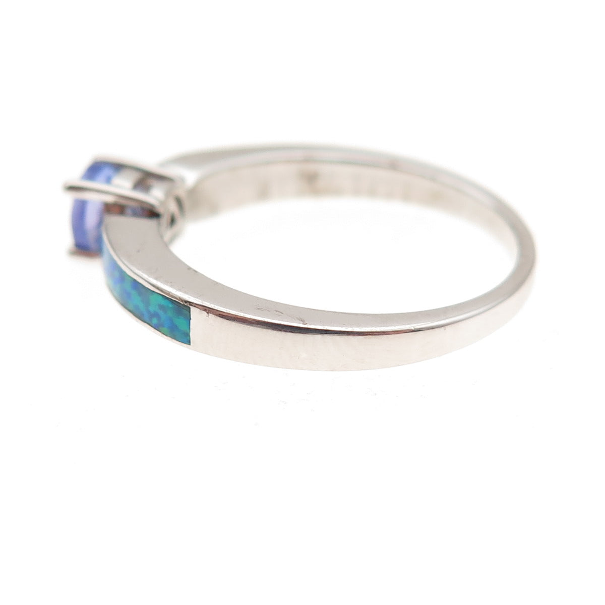 925 Sterling Silver Real Round-Cut Tanzanite & Opal Ring Size 8.25