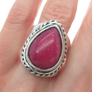 925 Sterling Silver Vintage Real Pear-Cut Rhodonite Oxidized Ring Size 8.5