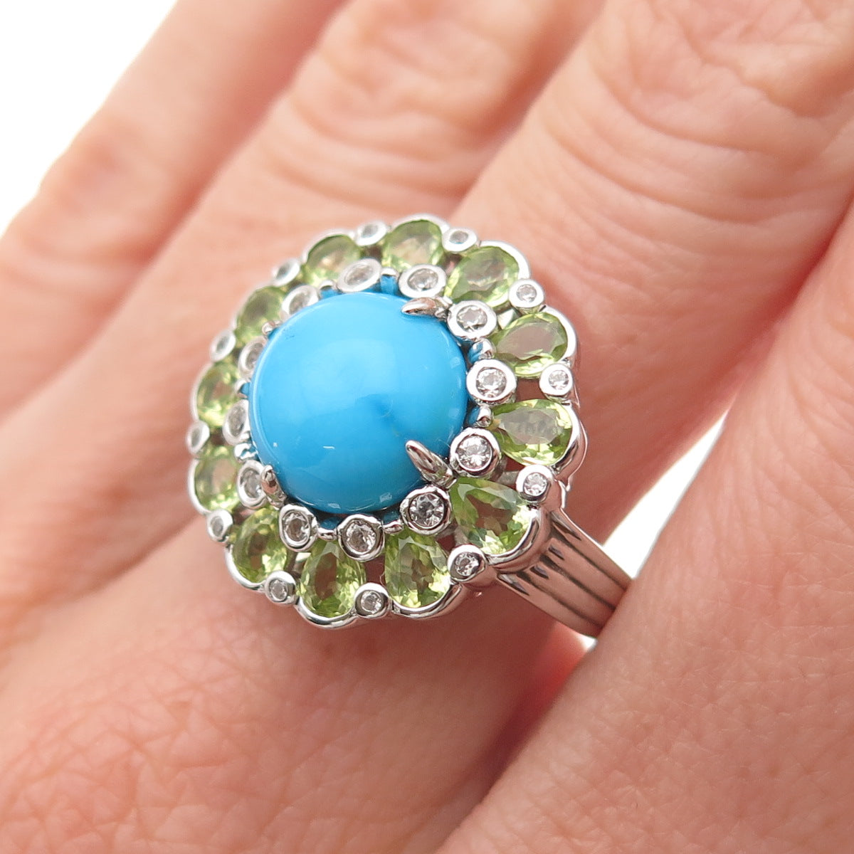 Chuck Clemency Sterling Silver Real Turquoise Peridot & White Topaz Ring Size 8