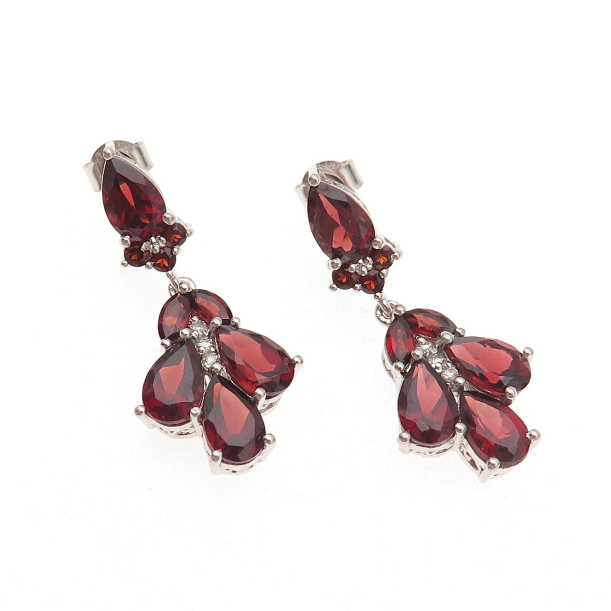 Chuck Clemency 925 Sterling Silver Real Red Garnet & White Topaz Dangle Earrings