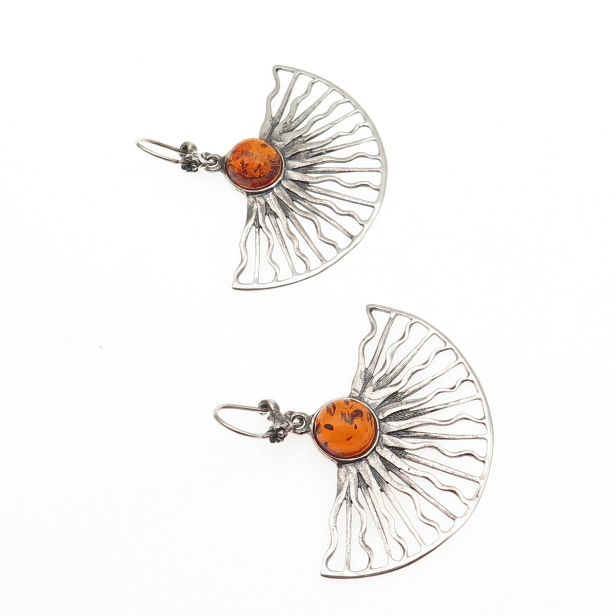 925 Sterling Silver Vintage Poland Real Amber Sun Modernist Dangle Earrings