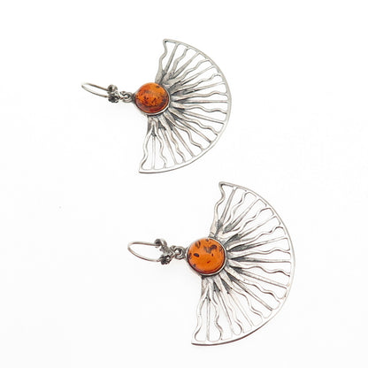 925 Sterling Silver Vintage Poland Real Amber Sun Modernist Dangle Earrings
