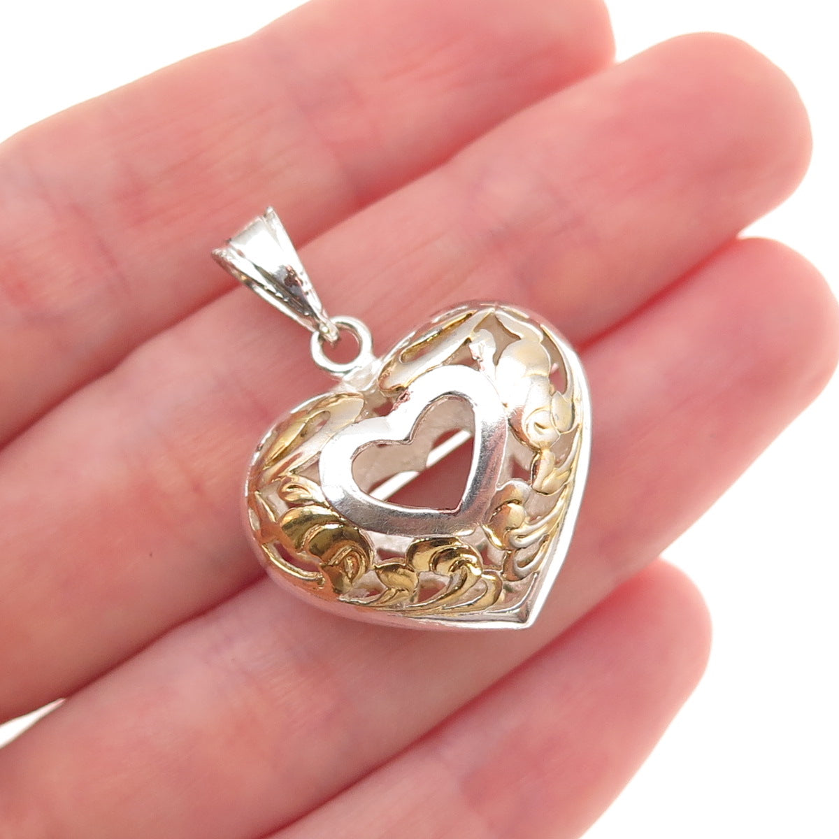 925 Sterling Silver 2-Tone Vintage Floral Scroll Heart Charm Pendant