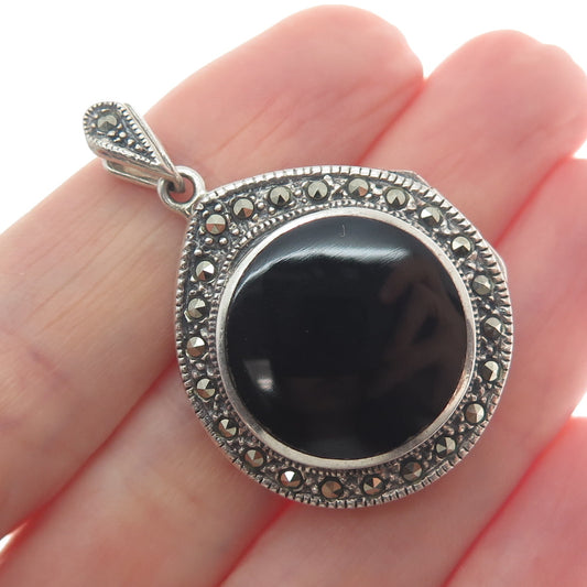925 Sterling Silver Vintage Real Black Onyx & Marcasite Oxidized Locket Pendant