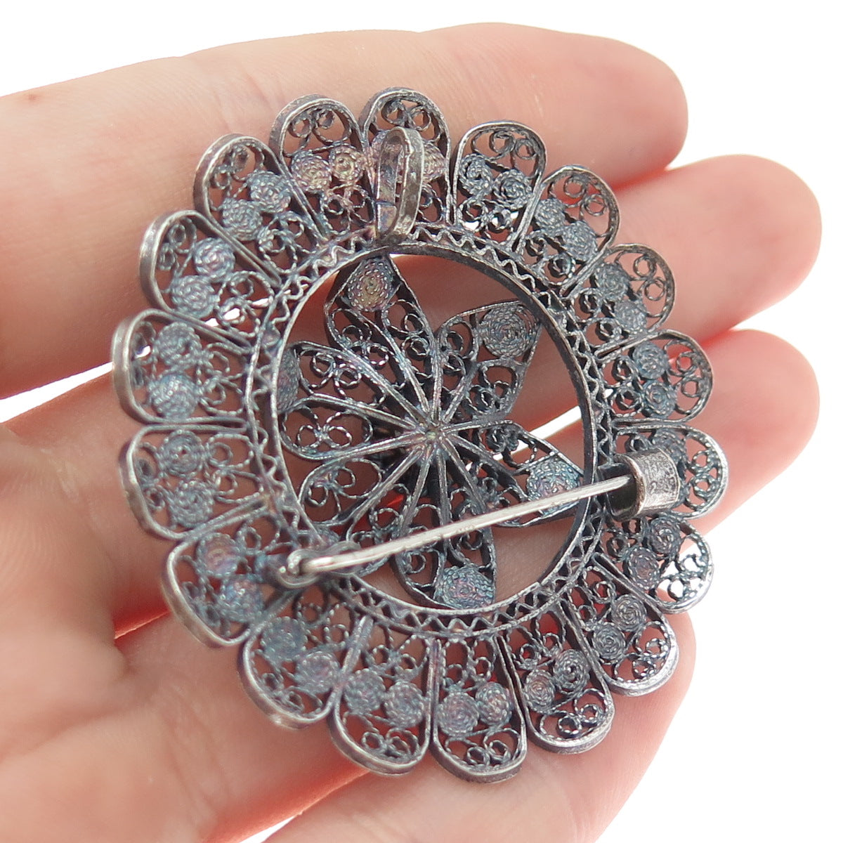 900 Silver Antique Art Deco Flower Filigree Oxidized Pin Brooch / Pendant