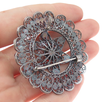 900 Silver Antique Art Deco Flower Filigree Oxidized Pin Brooch / Pendant