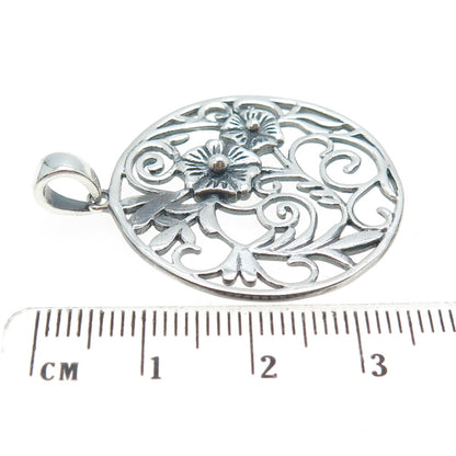 925 Sterling Silver Vintage Floral Ornate Round Pendant