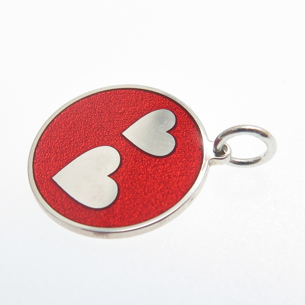 925 Sterling Silver Red Enamel Couple Hearts Round Tag Minimalist Charm Pendant