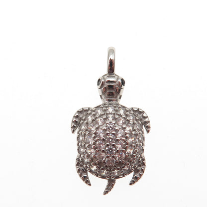 925 Sterling Silver Round-Cut C Z Turtle Mini Charm Pendant
