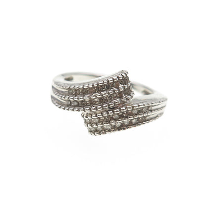 925 Sterling Silver Real Round-Cut Diamond Bypass Ring Size 8.75