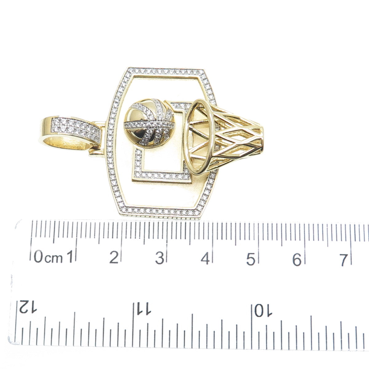 925 Sterling Silver Gold Plated Round-Cut C Z Basketball Hoop Pendant
