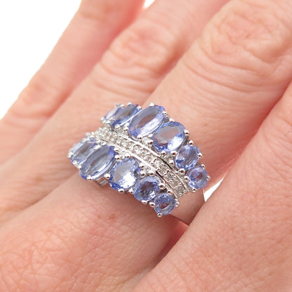 925 Sterling Silver Real Oval & Round-Cut Tanzanite & White Topaz Ring Size 8