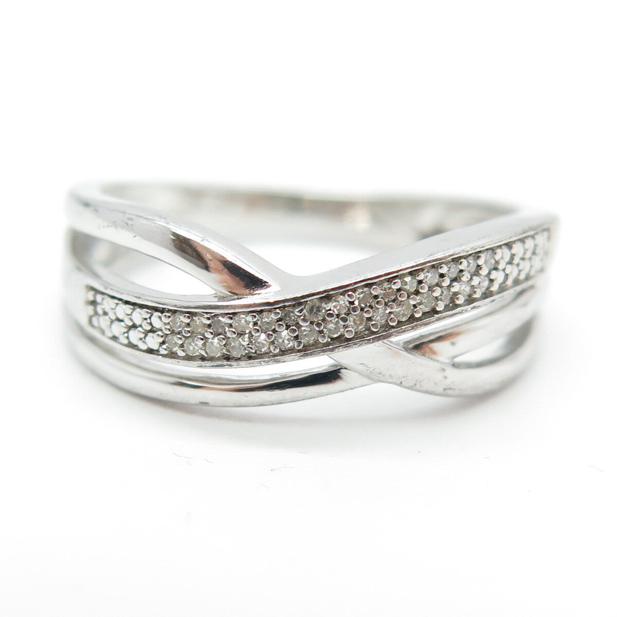 SUN 925 Sterling Silver Real Round-Cut Diamond Crisscross Ring Size 7