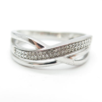 SUN 925 Sterling Silver Real Round-Cut Diamond Crisscross Ring Size 7