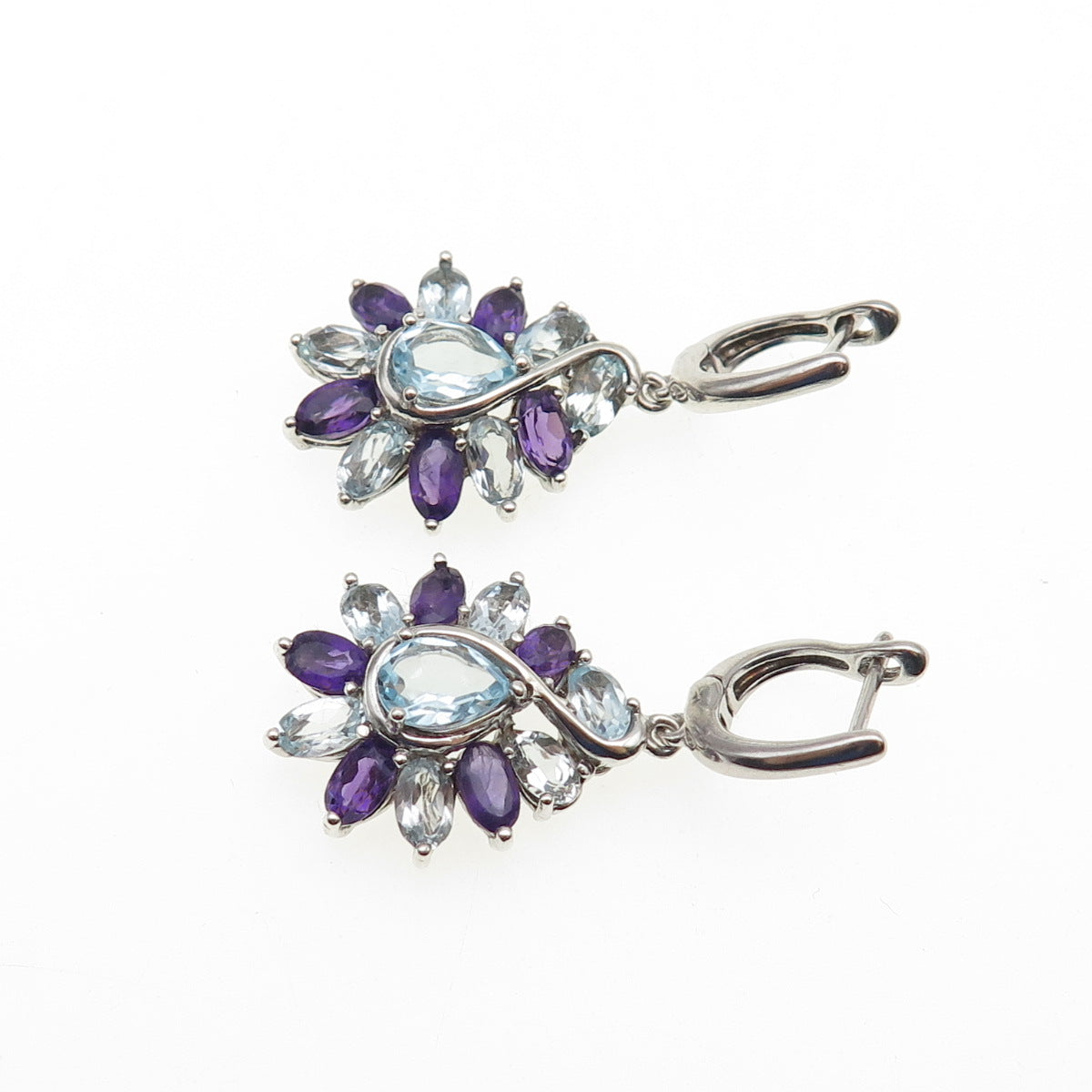 925 Sterling Silver Vintage Real Amethyst & Blue Topaz Dangle Earrings