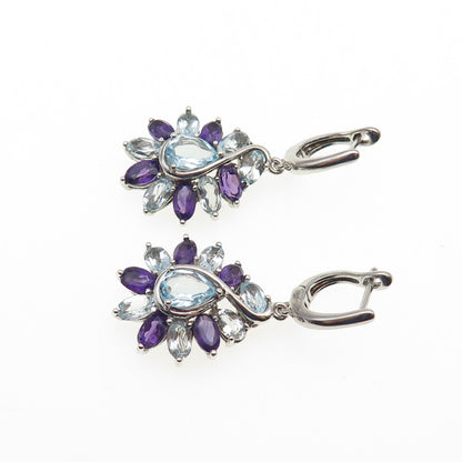 925 Sterling Silver Vintage Real Amethyst & Blue Topaz Dangle Earrings