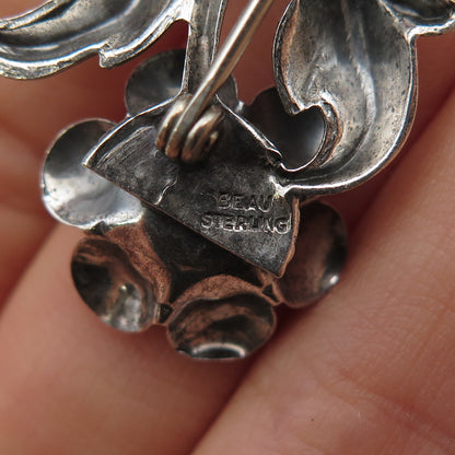 BEAU 925 Sterling Silver Vintage Rose Flower Oxidized Pin Brooch