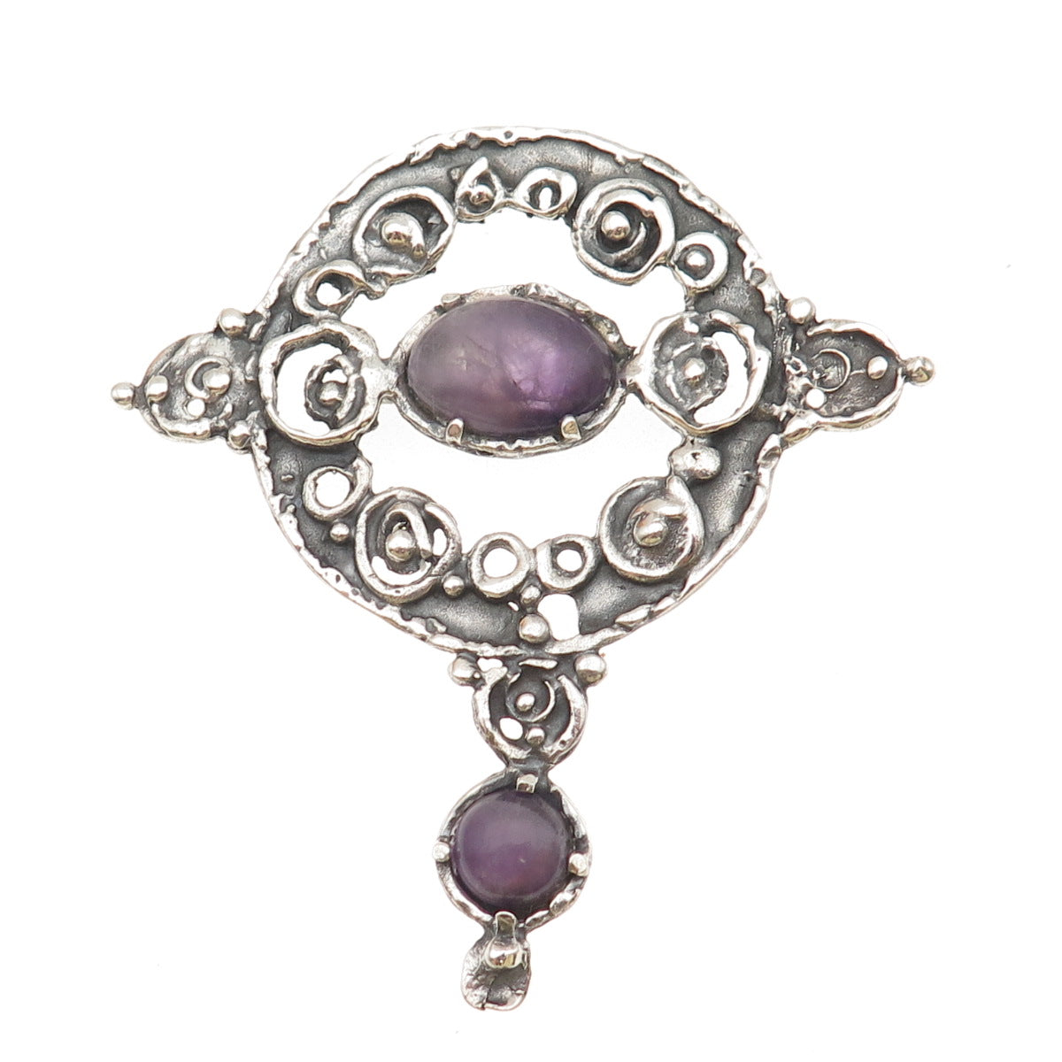 925 Sterling Silver Vintage Israel Real Amethyst Modernist Pin Brooch / Pendant