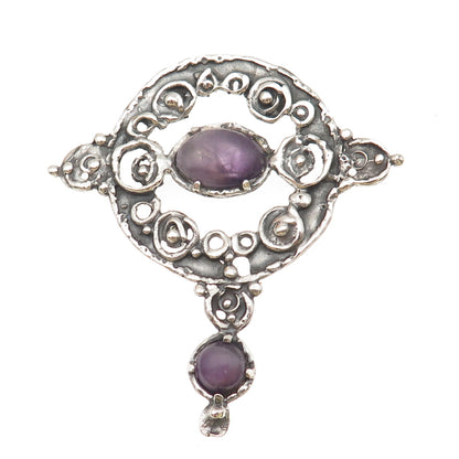 925 Sterling Silver Vintage Israel Real Amethyst Modernist Pin Brooch / Pendant