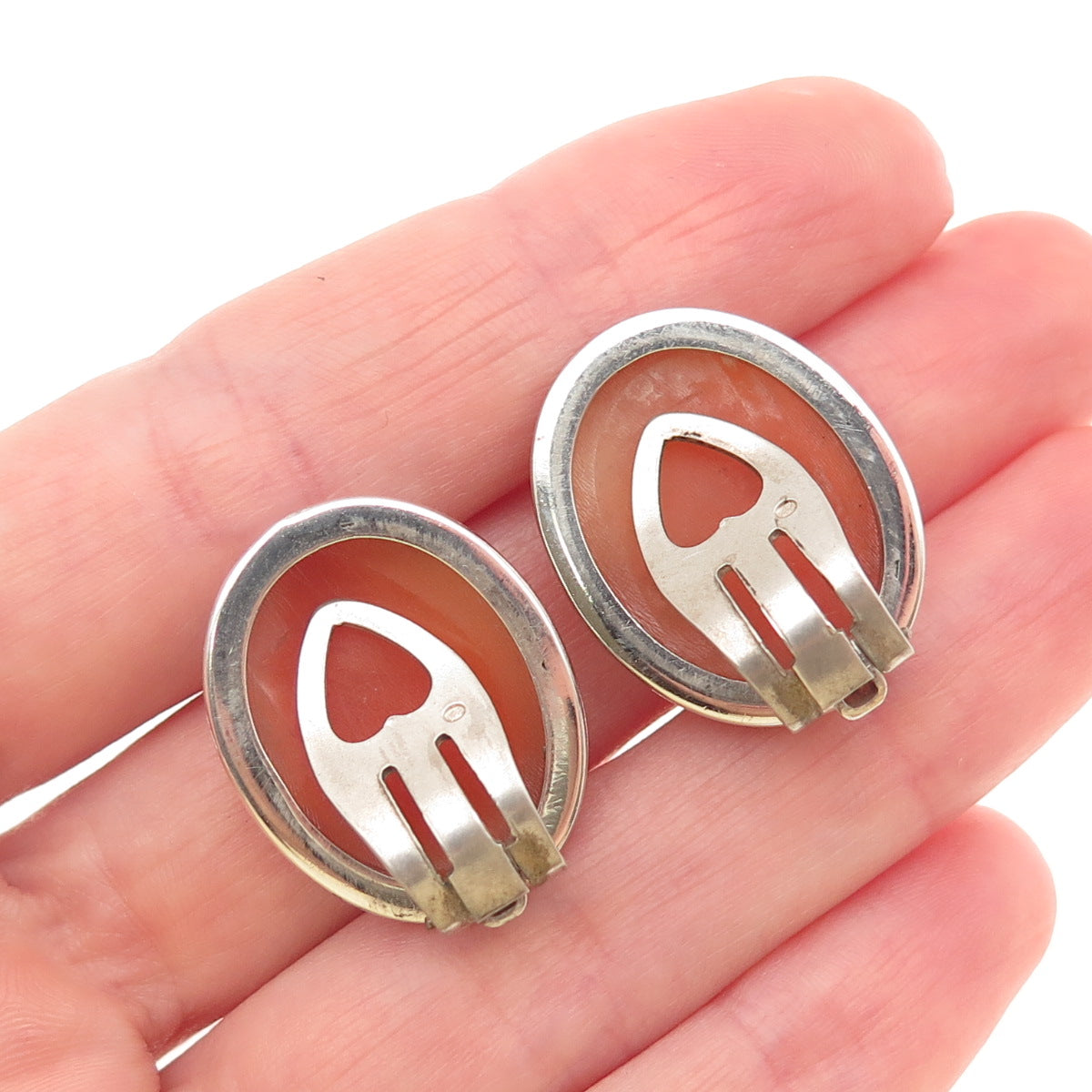 800 Silver Antique Art Deco Real MOP & Marcasite Lady Cameo Clip On Earrings