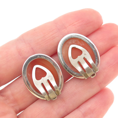 800 Silver Antique Art Deco Real MOP & Marcasite Lady Cameo Clip On Earrings