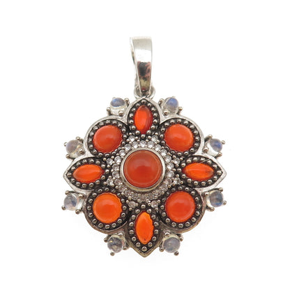 925 Sterling Silver Real Carnelian Moonstone & White Topaz Floral Pendant