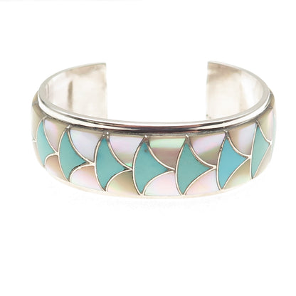 Orlinda Natewa Zuni Old Pawn Sterling Turquoise & MOP Adjustable Bracelet 6.25"