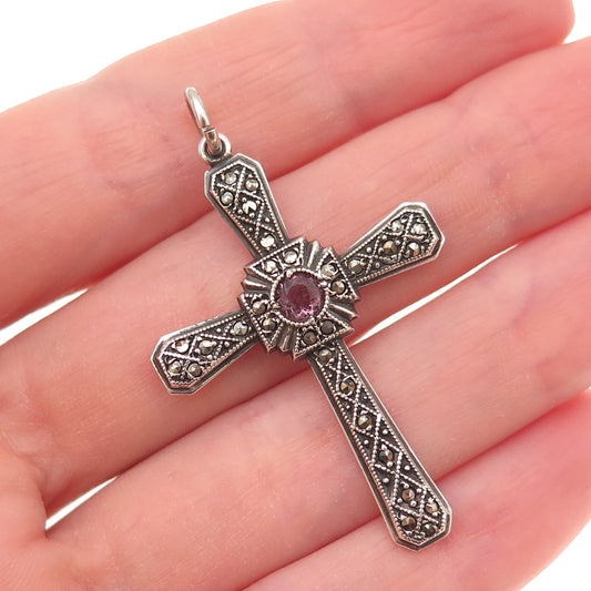 925 Sterling Silver Antique Art Deco Real Amethyst Marcasite Cross Charm Pendant