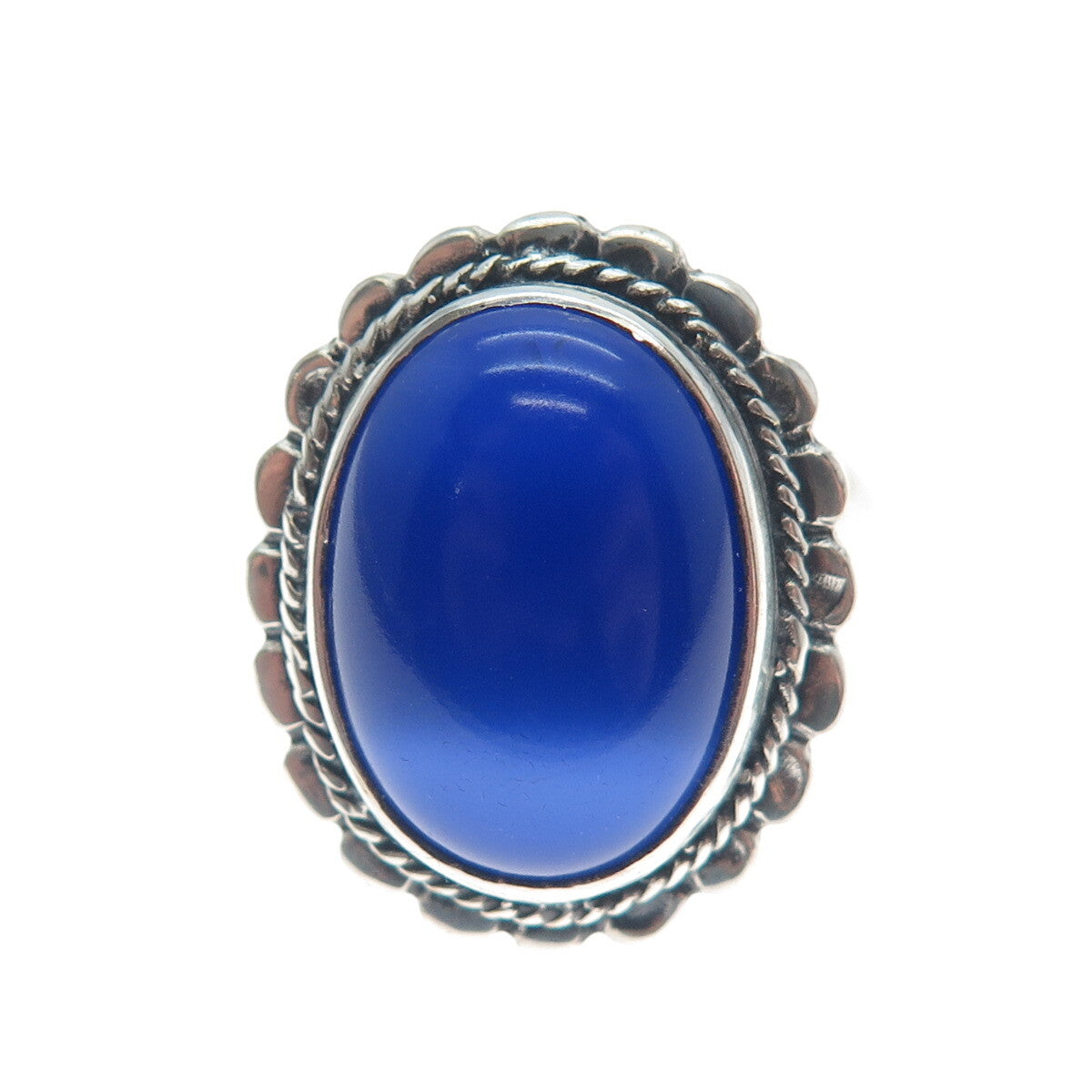 925 Sterling Silver Vintage Real Blue Chalcedony Flower Oxidized Ring Size 8.75