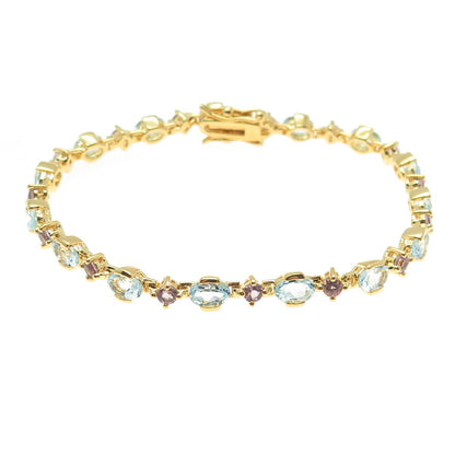 925 Sterling Silver Gold Plated Real Amethyst & Blue Topaz Bracelet 7.25"