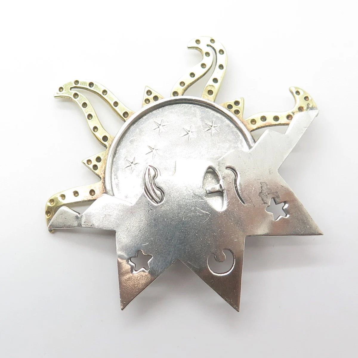 925 Sterling Silver 2-Tone Vintage Mexico Handmade Sun & Stars Pin Brooch