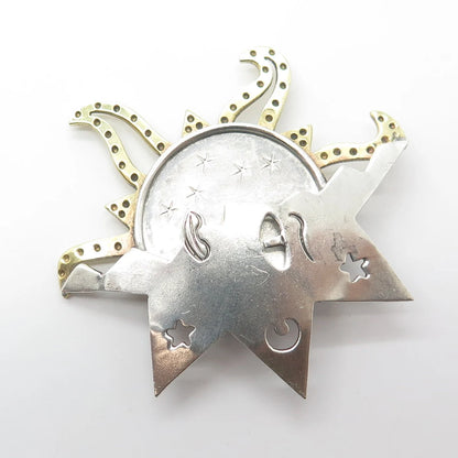 925 Sterling Silver 2-Tone Vintage Mexico Handmade Sun & Stars Pin Brooch