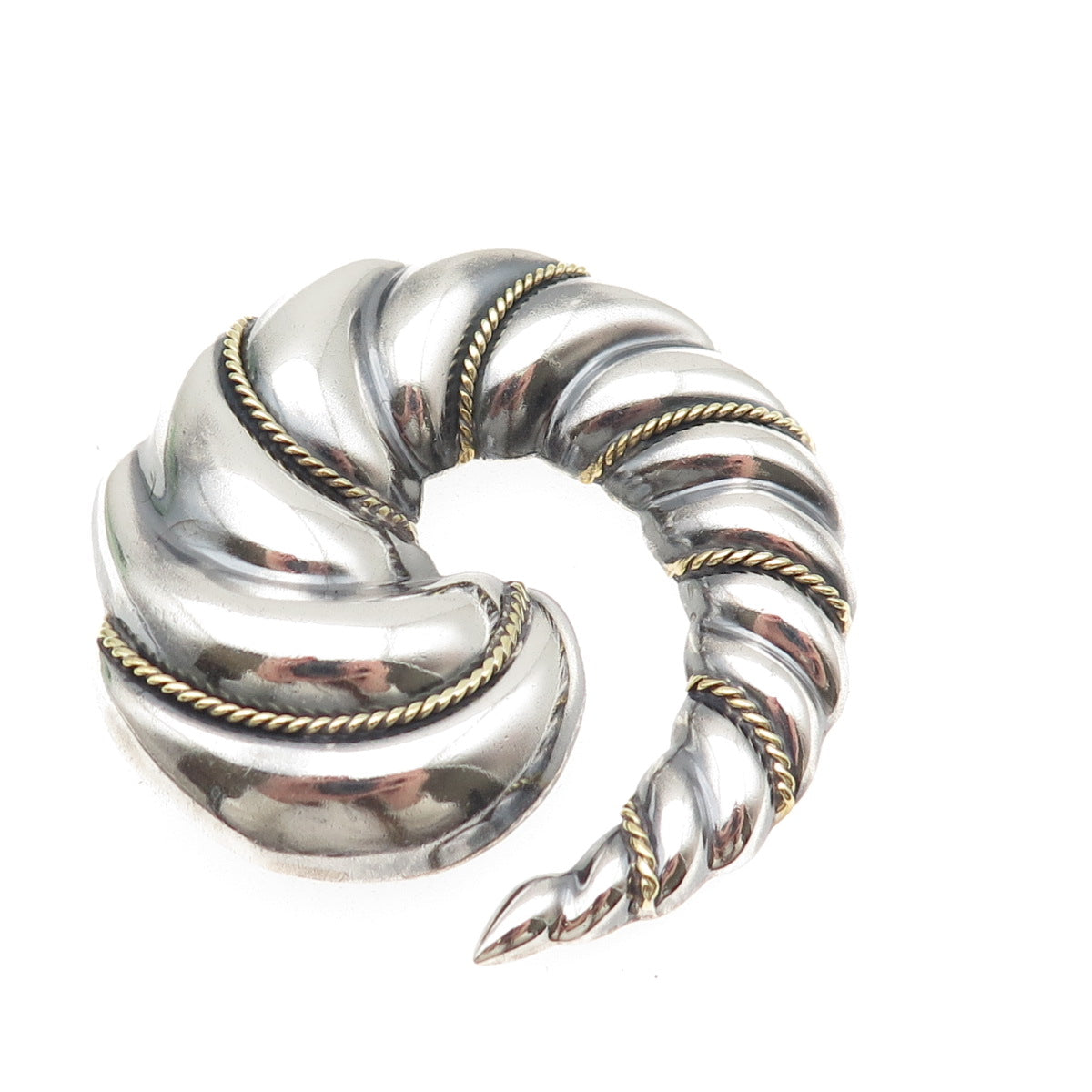 LATON 925 Sterling Silver 2-Tone Vintage Mexico Ribbed Spiral Pin Brooch Pendant