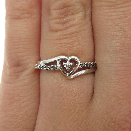 925 Sterling Silver Real Round-Cut Black & White Diamond Heart Ring Size 6.25