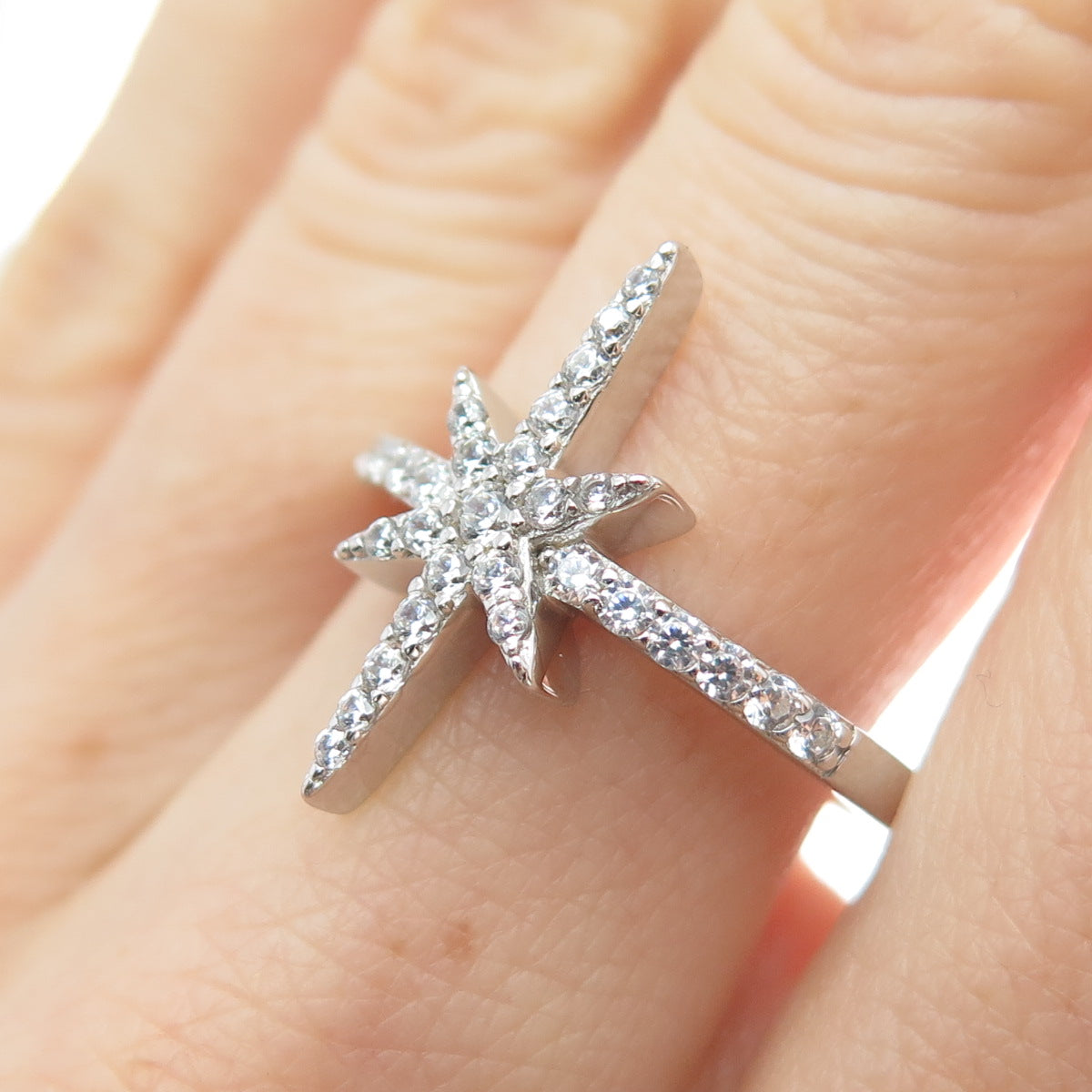 DSMK 925 Sterling Silver Round-Cut C Z Star of Bethlehem Ring Size 7.25