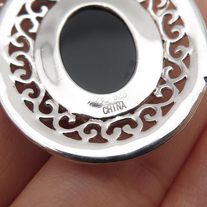 925 Sterling Silver Vintage Real Black Onyx Beaded Ornate Pendant