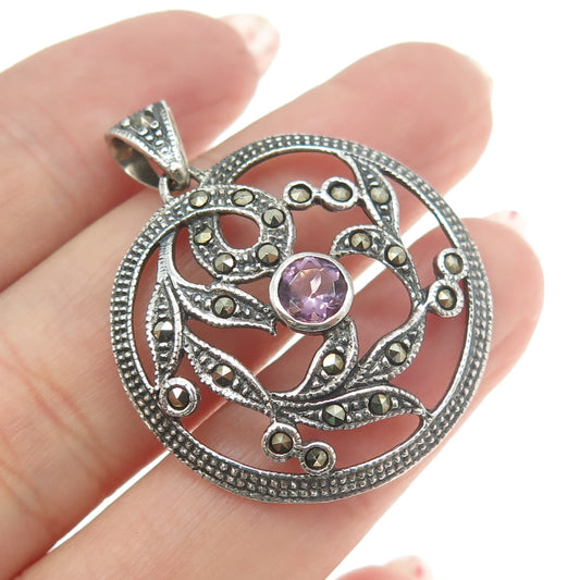 925 Sterling Silver Vintage Real Amethyst & Marcasite Floral Pendant