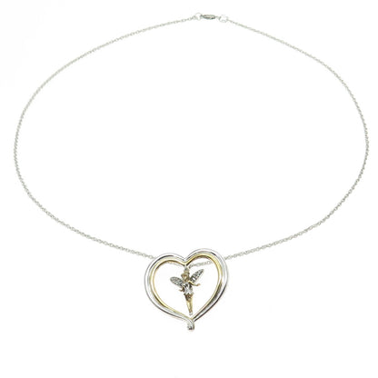 925 Sterling Silver 2-Tone Vintage C Z Tinker Bell Heart Necklace 18"