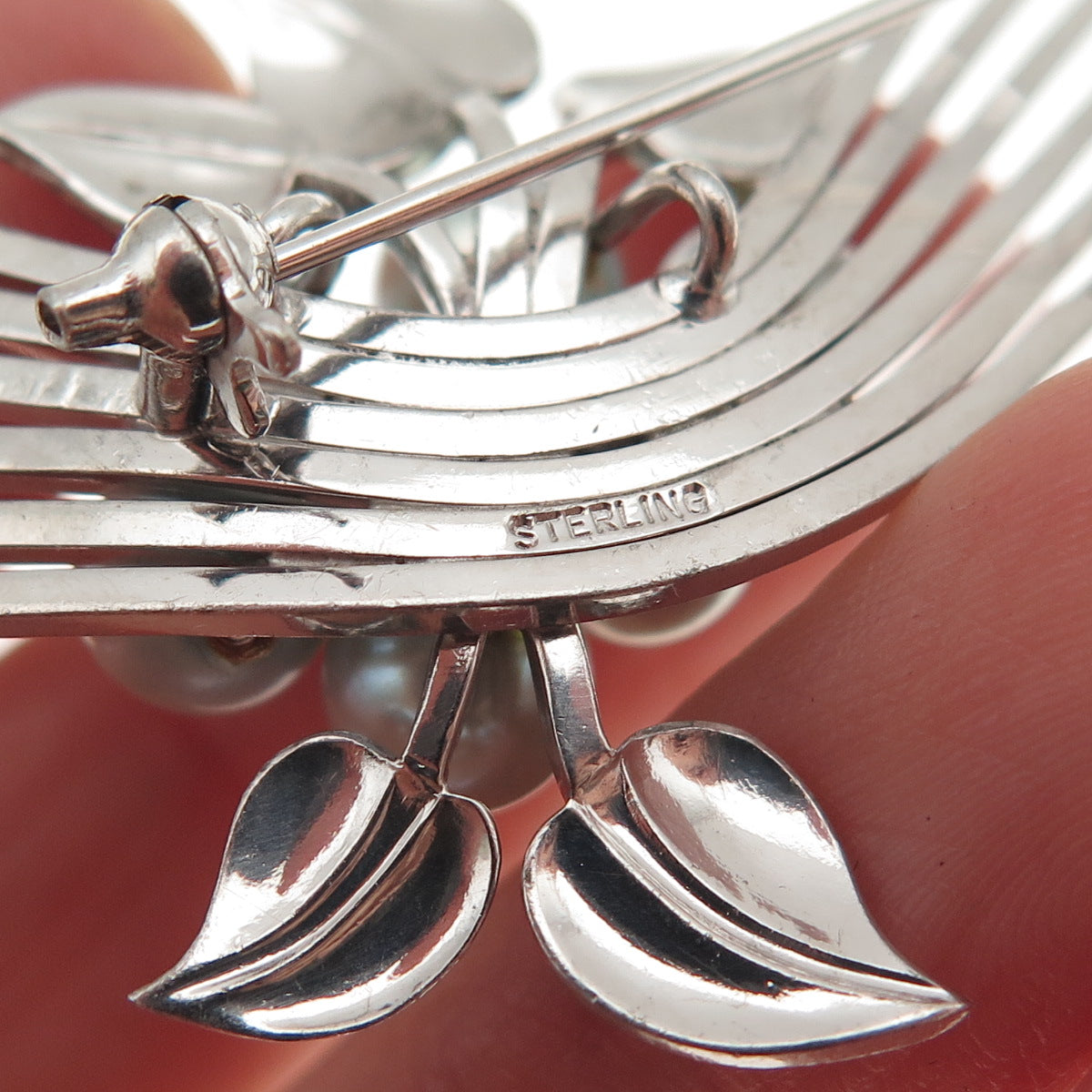 925 Sterling Silver Antique Art Deco Real Akoya Pearl Floral Pin Brooch