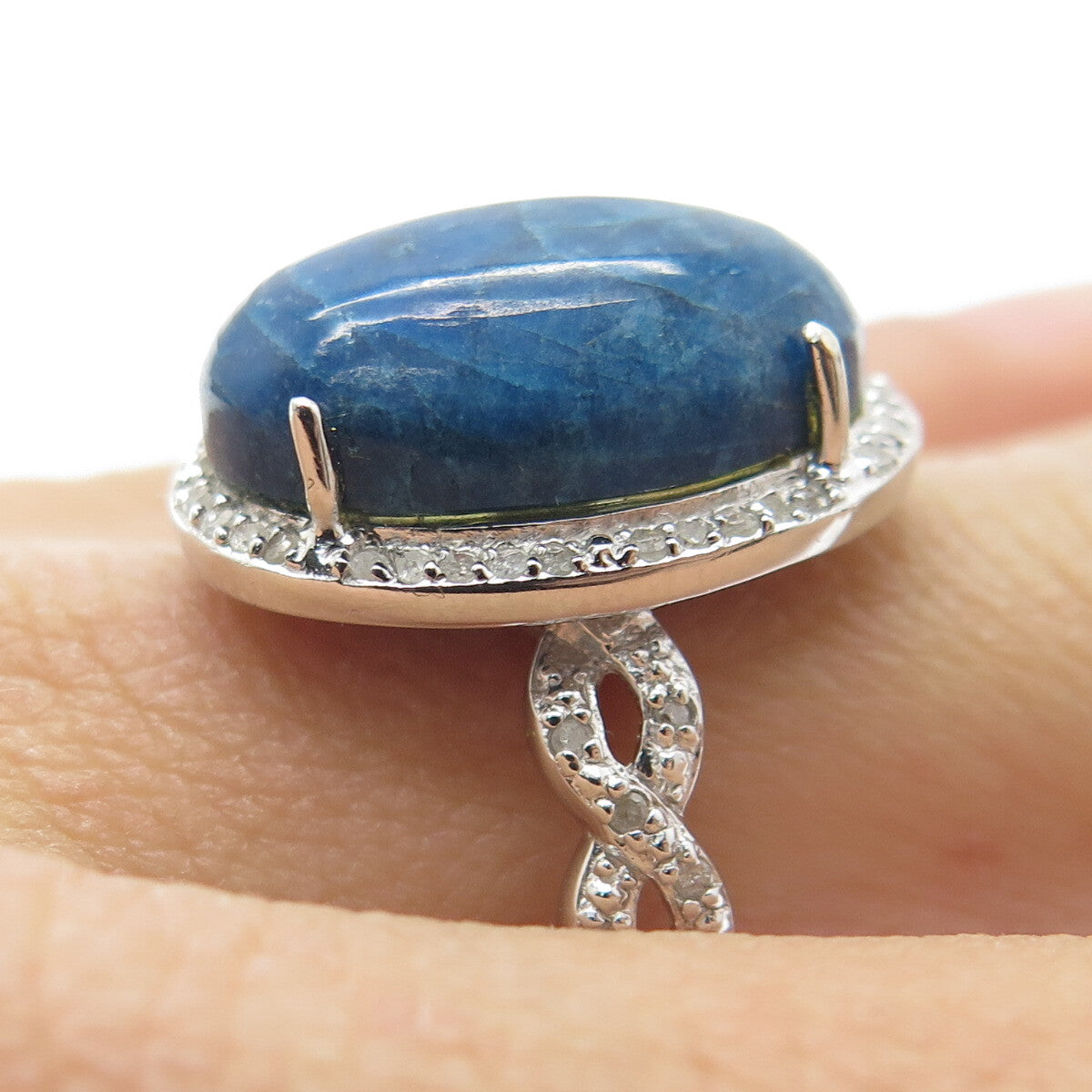 925 Sterling Silver Real White Diamond & Apatite Infinity Ring Size 7.75